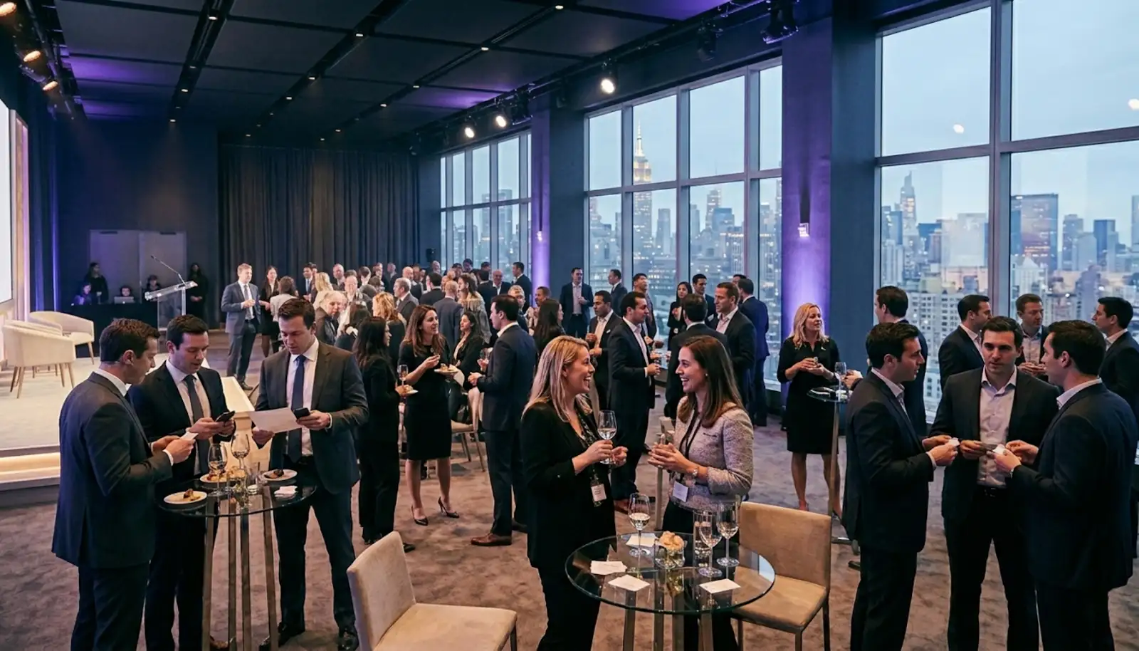 Guests networking at a modern corporate event venue for a Melbourne Christmas party